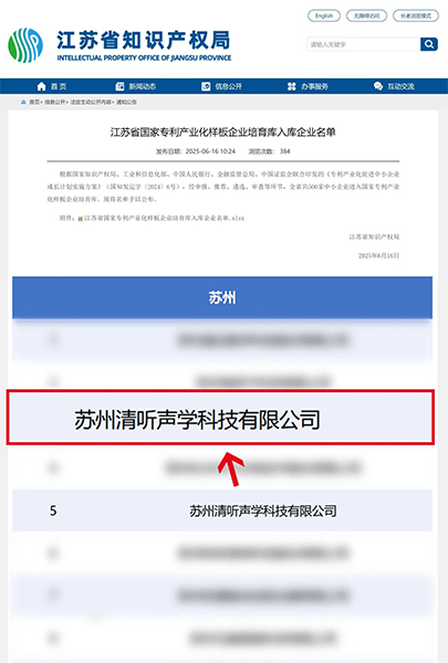 清聽(tīng)聲學(xué)入選江蘇省國(guó)家專利產(chǎn)業(yè)化樣板企業(yè)培育庫(kù)